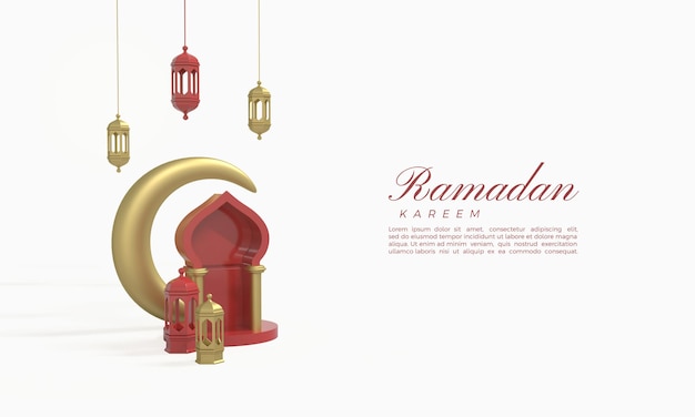 PSD ramadan kareem rendering 3d con luci pendenti e una mezzaluna dorata