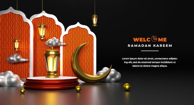 Ramadan kareem 3d tło z 3d księżycem i arabskimi lampionami