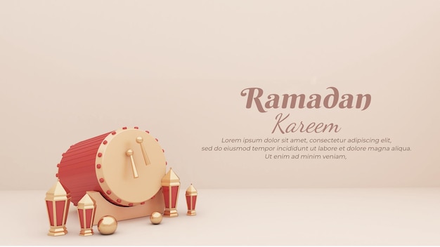 ramadan kareem achtergrond 3d render, compositie met islamitische trommel, lantaarn voor groet,