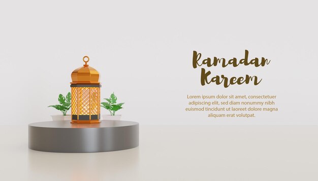 Ramadan kareem achtergrond met gouden lamp en podium