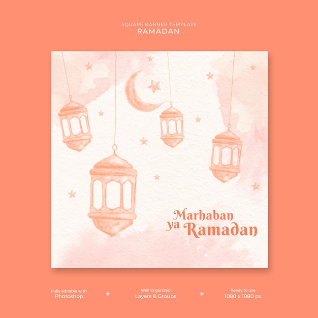 PSD ramadan kareem akwarela kwadratowy szablon transparent