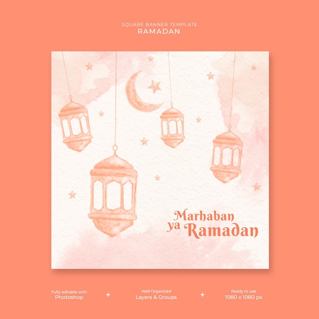 Ramadan kareem akwarela kwadratowy szablon transparent