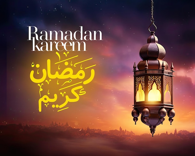 PSD ramadan kareem arabische kalligrafie met islamitische lantaarn en halve maan