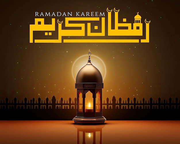 Ramadan kareem arabische kalligrafie met islamitische lantaarn en halve maan