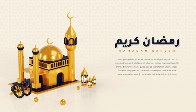 Saluto banner ramadan kareem con moschea 3d e decorazione islamica