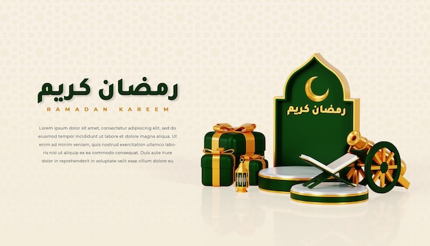 Ramadan kareem banner greeting with 3d podium quran and islamic decoration