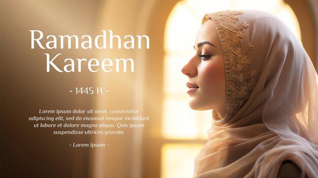 PSD ramadan kareem banner sjabloon met een mooie islamitische vrouw met een hijab gezien van de zijkant