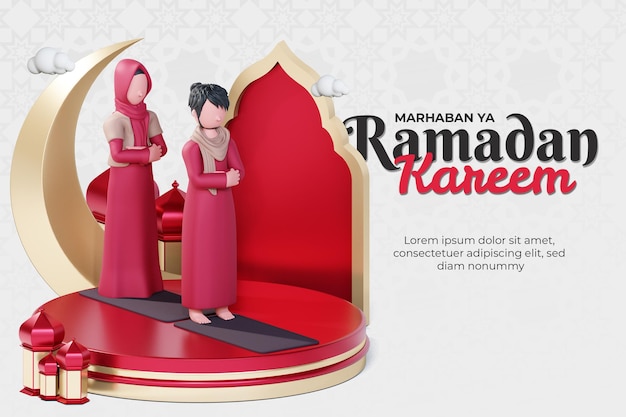 Ramadan kareem banner template with 3d muslim couple character praying together