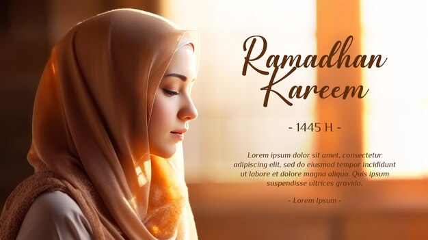 PSD 에서 볼 때 히자브를 입은 아름다운 무슬림 여성과 함께 라마단 카림 배너 템플릿