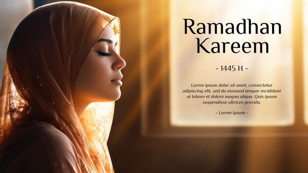 Ramadan kareem banner template with a beautiful muslim woman wearing a hijab seen from the side