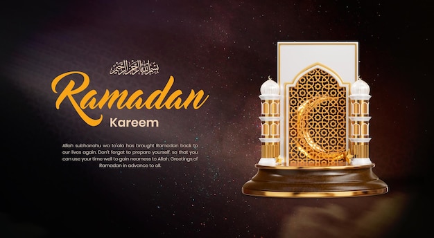 PSD ramadan kareem banner template with cute 3d podium mosque and islamic ornaments