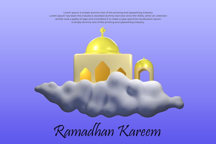PSD ramadan kareem banner template with mosque floating in cloud 3d illustration