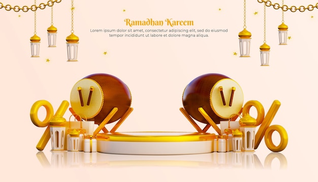 Ramadan kareem-bannerpromotie met geschenkdoos en postsjabloon voor sociale media op het podium