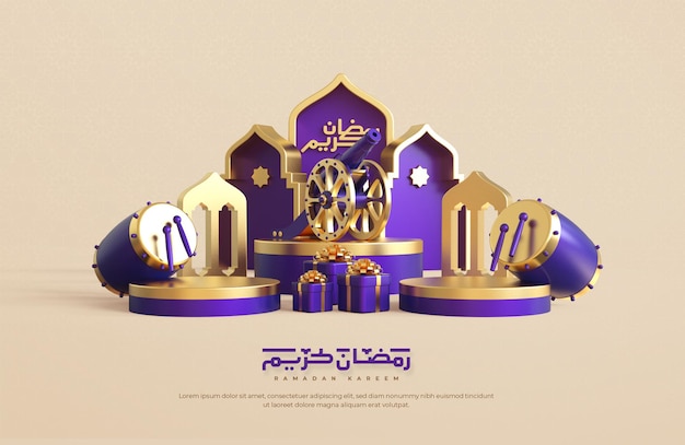 PSD ramadan kareem begroeting achtergrond met realistische 3d islamitische feestelijke decoratieve elementen