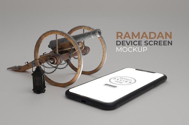 Ramadan kareem cannon with lantern and mobile phone mockup