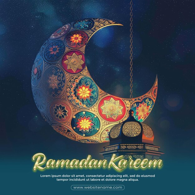 PSD ramadan kareem celebrate cards or greeting template islamic pattern crescent moon with lantern