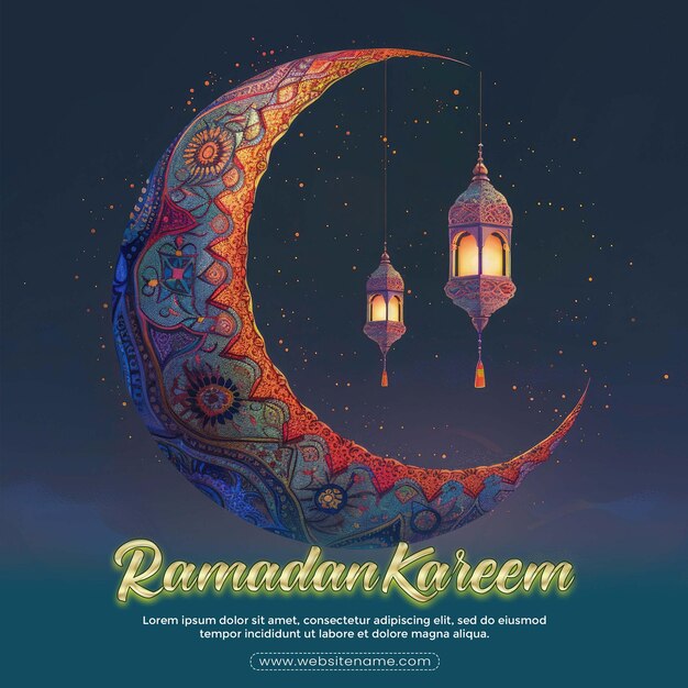 PSD ramadan kareem celebrate cards or greeting template islamic pattern crescent moon with lantern