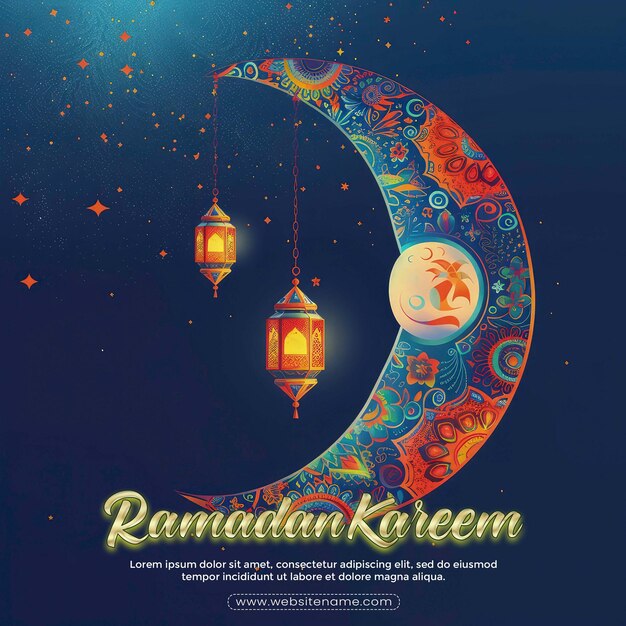 PSD ramadan kareem celebrate cards or greeting template islamic pattern crescent moon with lantern