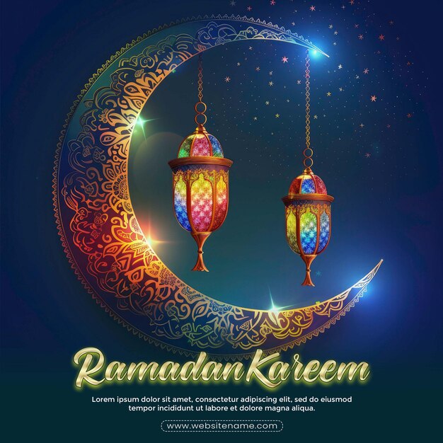 PSD ramadan kareem celebrate cards or greeting template islamic pattern crescent moon with lantern