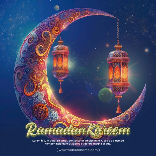 PSD ramadan kareem celebrate cards or greeting template islamic pattern crescent moon with lantern