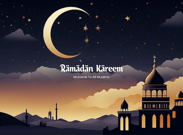 Luna crescente di ramadan kareem che sorge su una silhouette tranquilla del villaggio