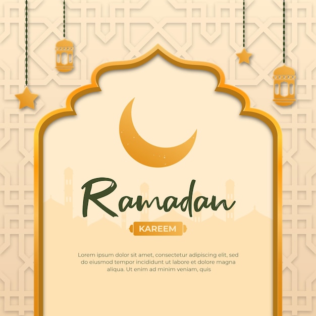 Decorazione del kareem del ramadan con lanterna d'oro, mezzaluna e disegno arabo