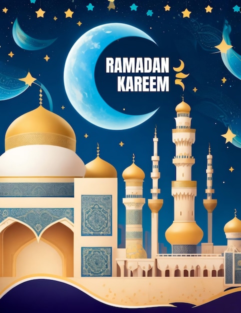 PSD ramadan kareem design mosque with crescent and stars in the sky and moon with blue background