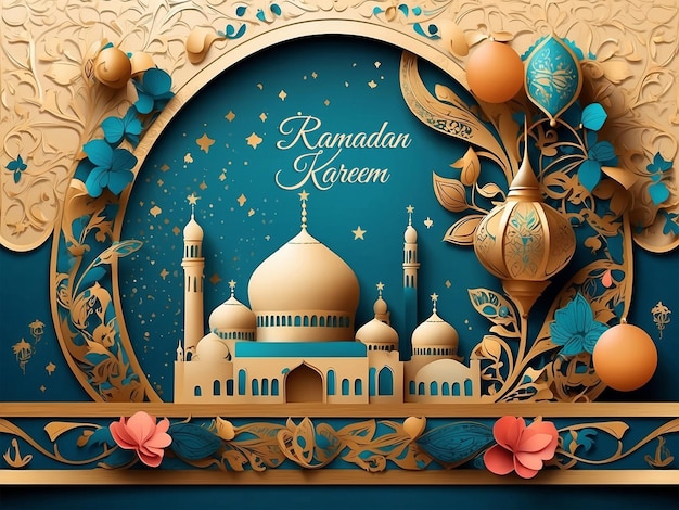 PSD disegno di ramadan kareem con sfondo blu e oro con una moschea.