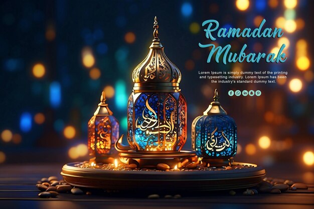 PSD ramadan kareem eid mubarak 3d-weergave islamitische kalligrafische lantaarn met bewerkbare tekst psd-ontwerp