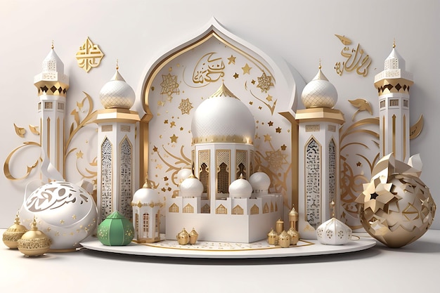 PSD ramadan kareem eid mubarak islamic mosque 3d render ornamental and floral psd design editable text