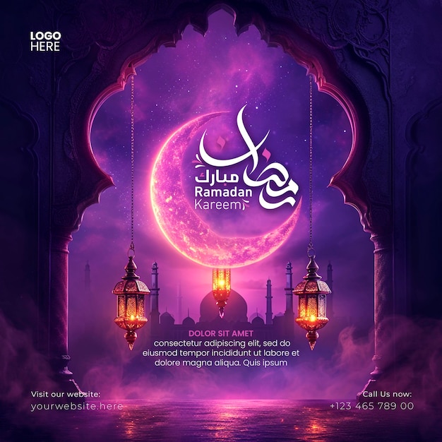 PSD ramadan kareem and eid mubarak purple background crescent moon social media post template and banner