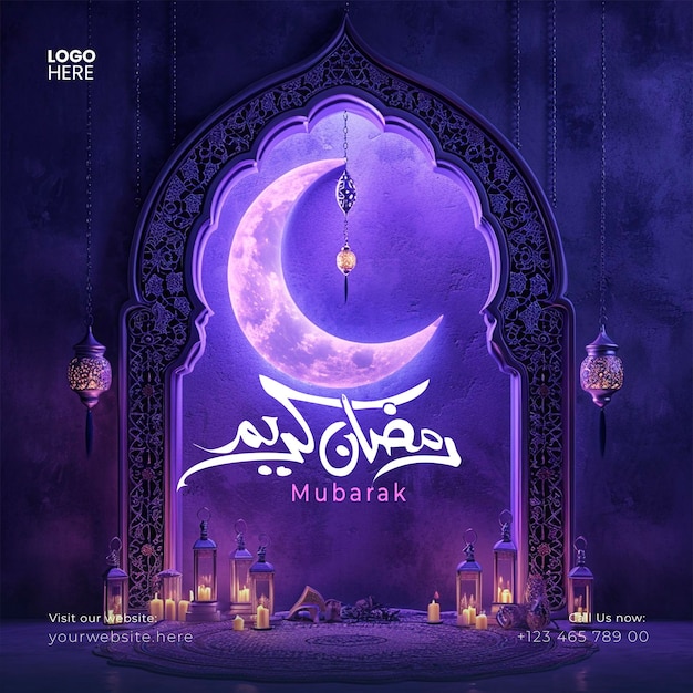 PSD ramadan kareem and eid mubarak purple background crescent moon social media post template and banner