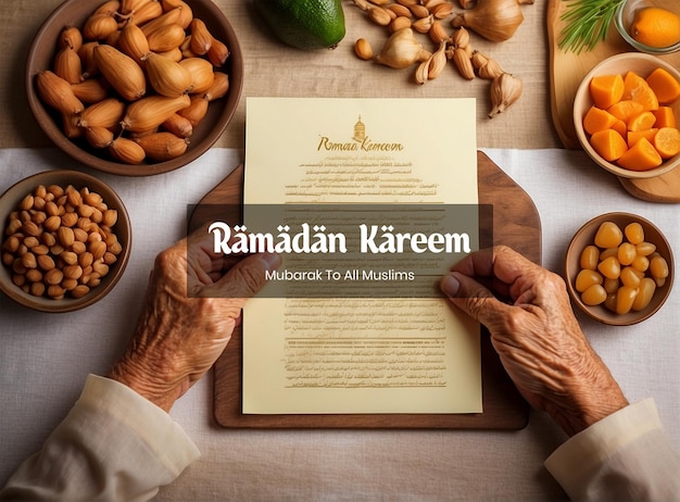 라마단 카림 (ramadan Kareem) 노인 손이 세대를 거쳐 소중한 라마단 레시피를 전달하는 배경