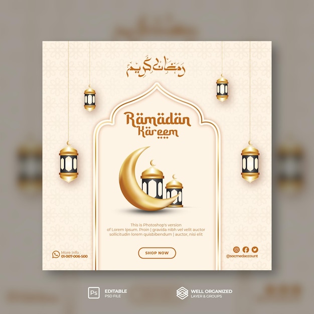 PSD ramadan kareem elegante flyer voor sociale media en instagram-postsjabloon