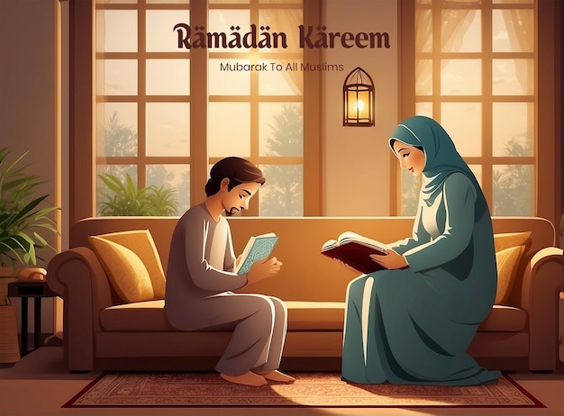 PSD ramadan kareem familie die samen de koran leest in een warm verlichte woonkamer achtergrond