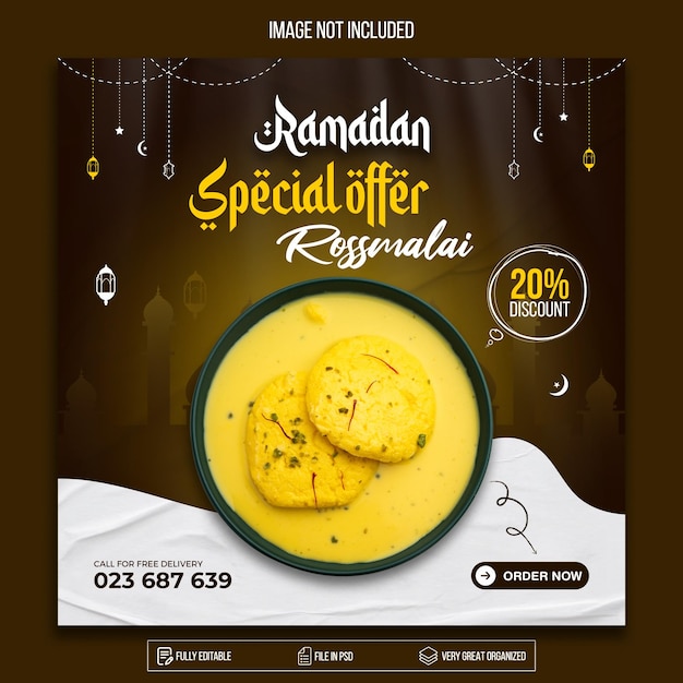 Banner alimentare ramadan kareem e modello di post sui social media psd premium