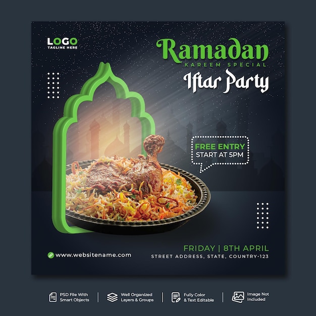 Modello di progettazione di banner per post sui social media di ramadan kareem food biriyani