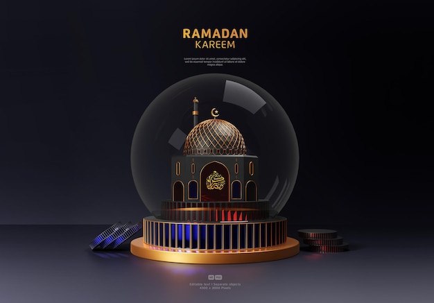 Фон приветствия рамадан карим украшен 3d подиумом и роскошной мечетью в стеклянной коробке