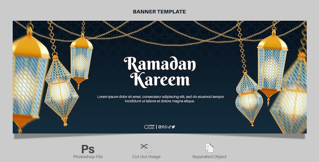 PSD striscione di saluto ramadan kareem con lanterna