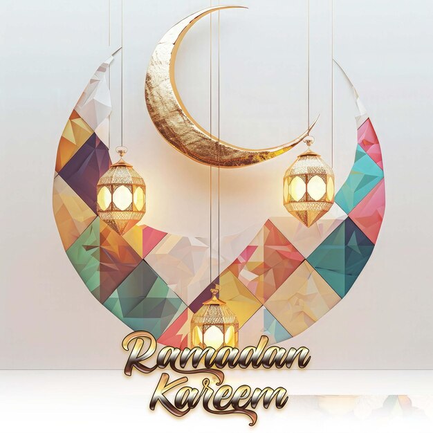 PSD ramadan kareem greeting card template with islamic 3d gold moon and geometric pattern eid al fitr