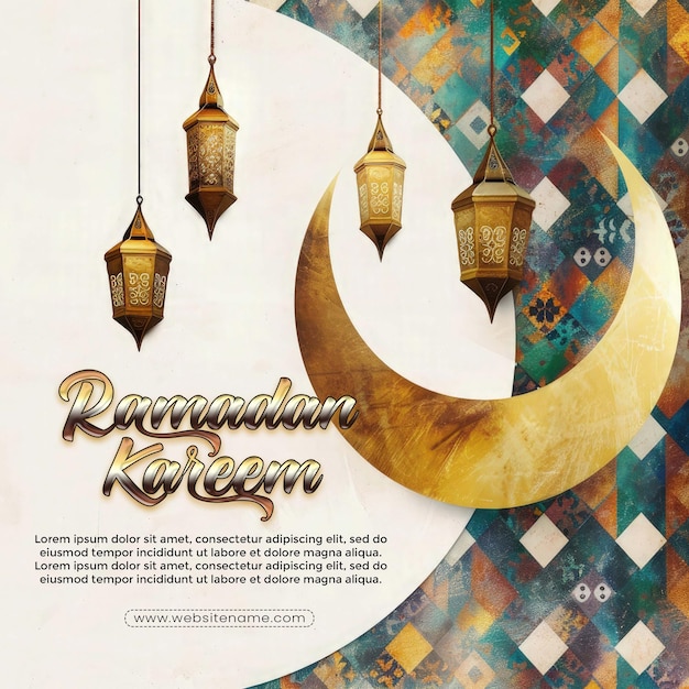 Ramadan kareem greeting card template with islamic 3d gold moon and geometric pattern