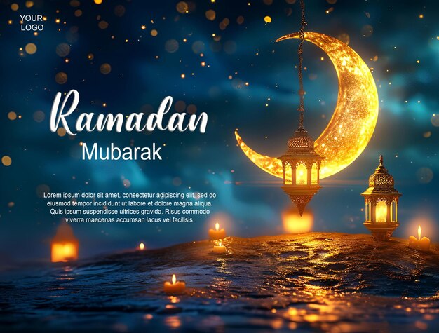 PSD ramadan kareem greeting card with crescent moon and lanterns