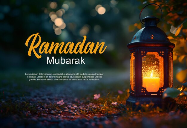 PSD ramadan kareem greeting card with glowing lantern in the forest