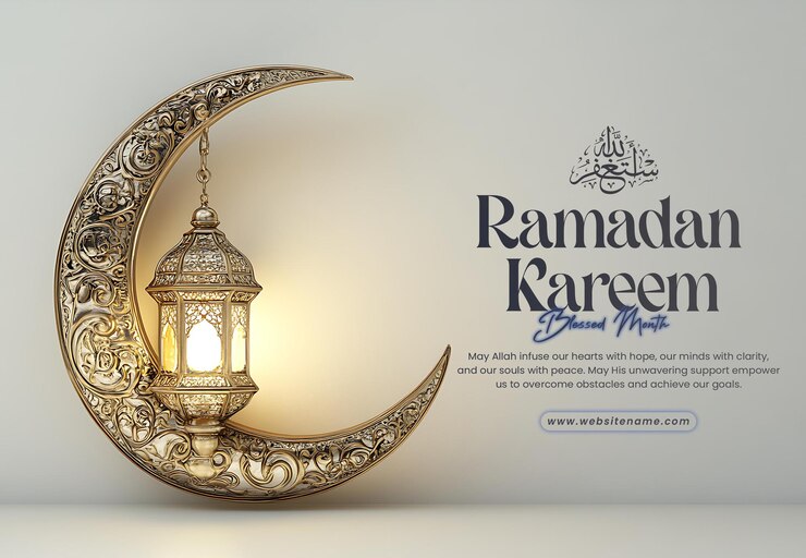 PSD ramadan kareem greeting card with ornate crescent moon lamp
