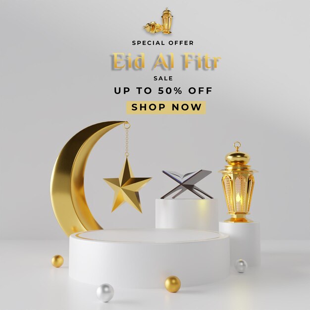 PSD ramadan kareem greeting template with podium standing for product arabic lanterns and moon psd file