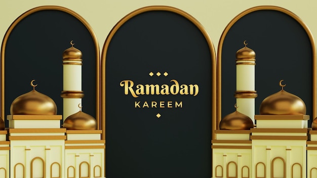 PSD Фон приветствия рамадан карим с декоративной мечетью на подиуме реалистичный 3d исламский