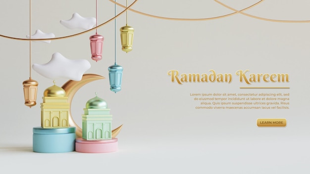 Ramadan kareem greetings background with realistic and colorful 3d islamic festive decorative