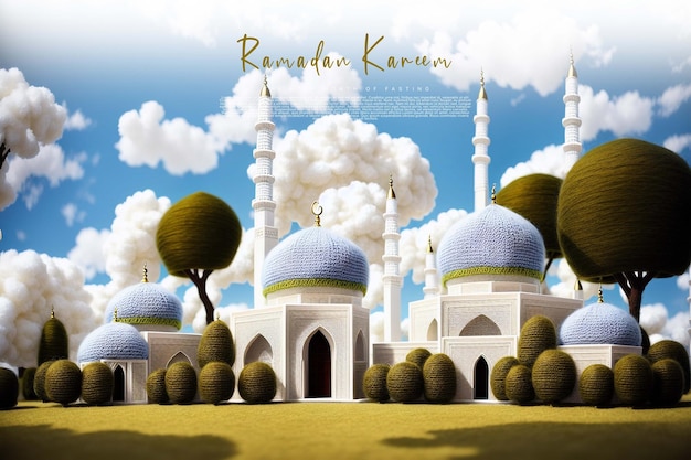 PSD Шаблон поздравления рамадан карим с фоном мечети голубое небо генеративный ай