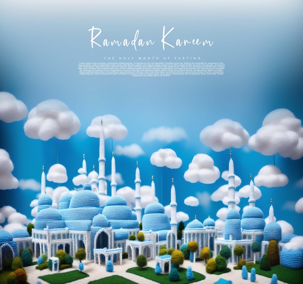 Ramadan Kareem greetings template with a mosque background blue sky generative ai