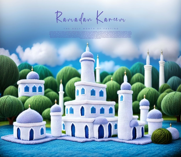 Ramadan kareem greetings template with a mosque background blue sky generative ai